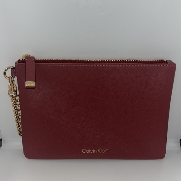 Calvin Klein Handbags - Calvin Klein Zip Top Clutch Pouch Bag w Strap Textured Vegan Leather Mauve